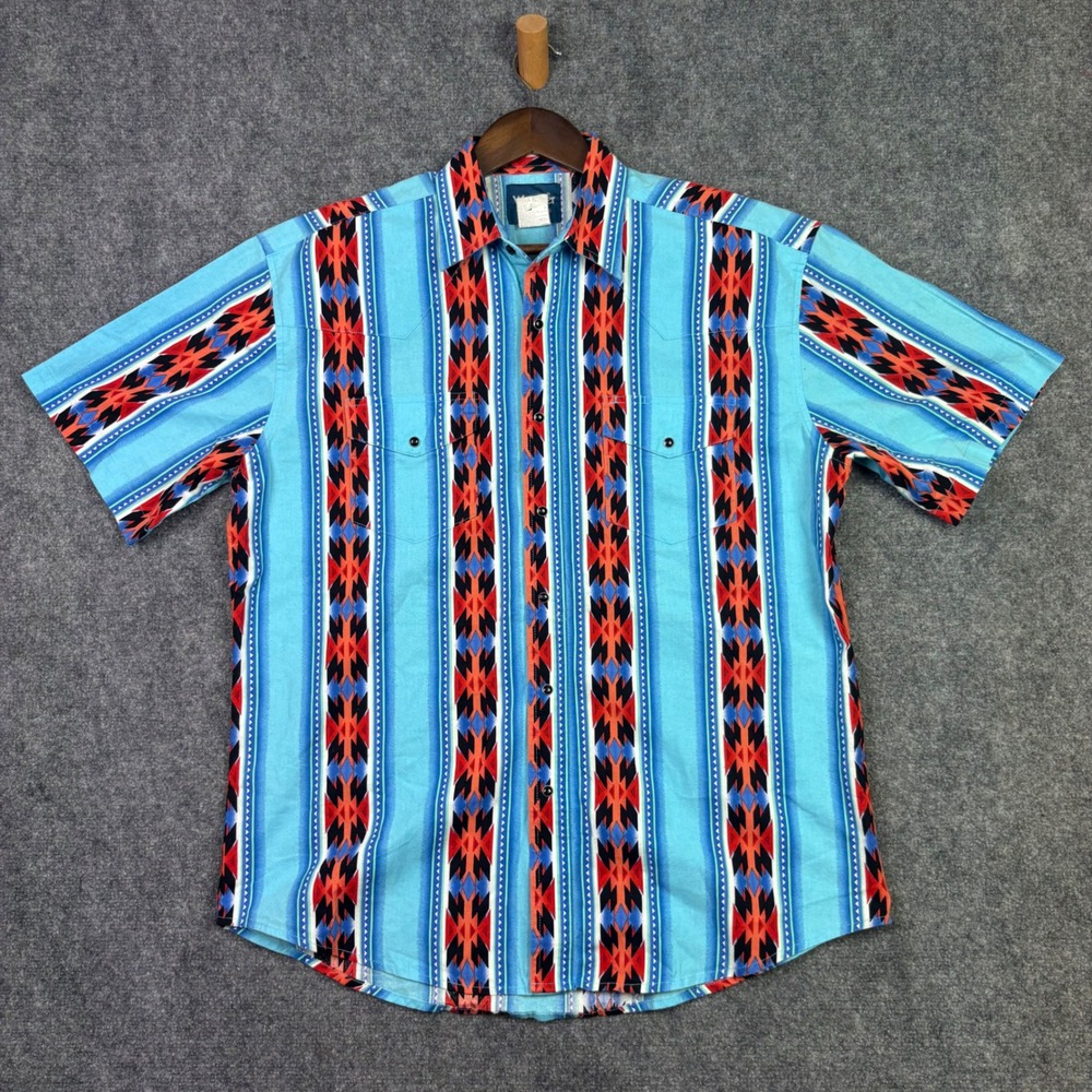 Wrangler Western Shirt Mens L Blue Aztec Southwestern Snap Short Sleeve